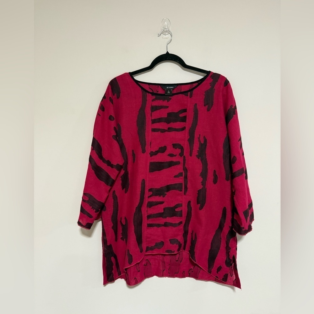 Ali Miles Women's Fuschia Black Linen Blend Top Medium Artsy Modern Abstract
